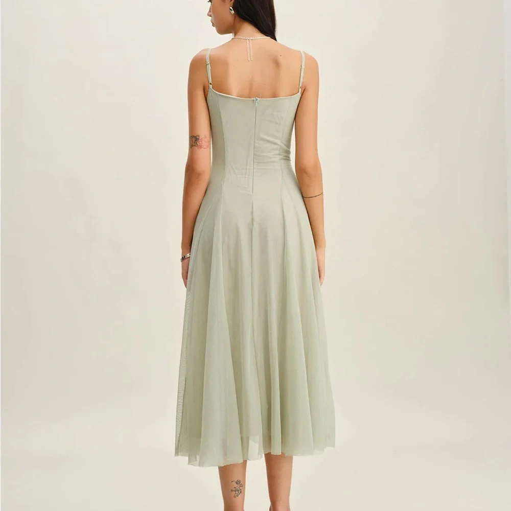 Green A-Line Slip Pleated Midi Dress - Picture 6 of 9